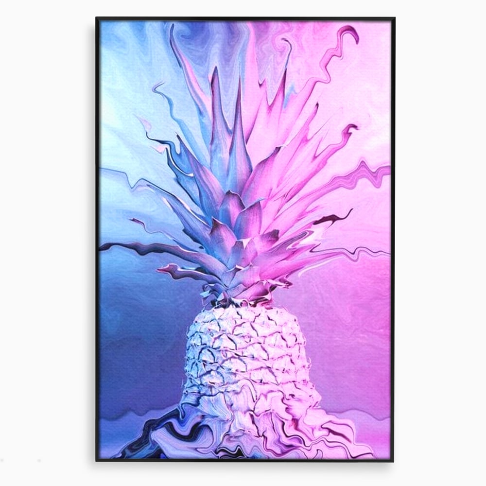 Tablou canvas cu tablou canvas cu ananas neon, in rama de aluminiu negru